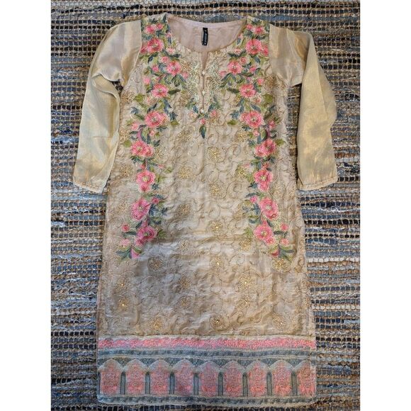 Hayat Embroidered Beige Pink Green Floral Kurti Dress S/M Ethereal Special Occas - Picture 3 of 14